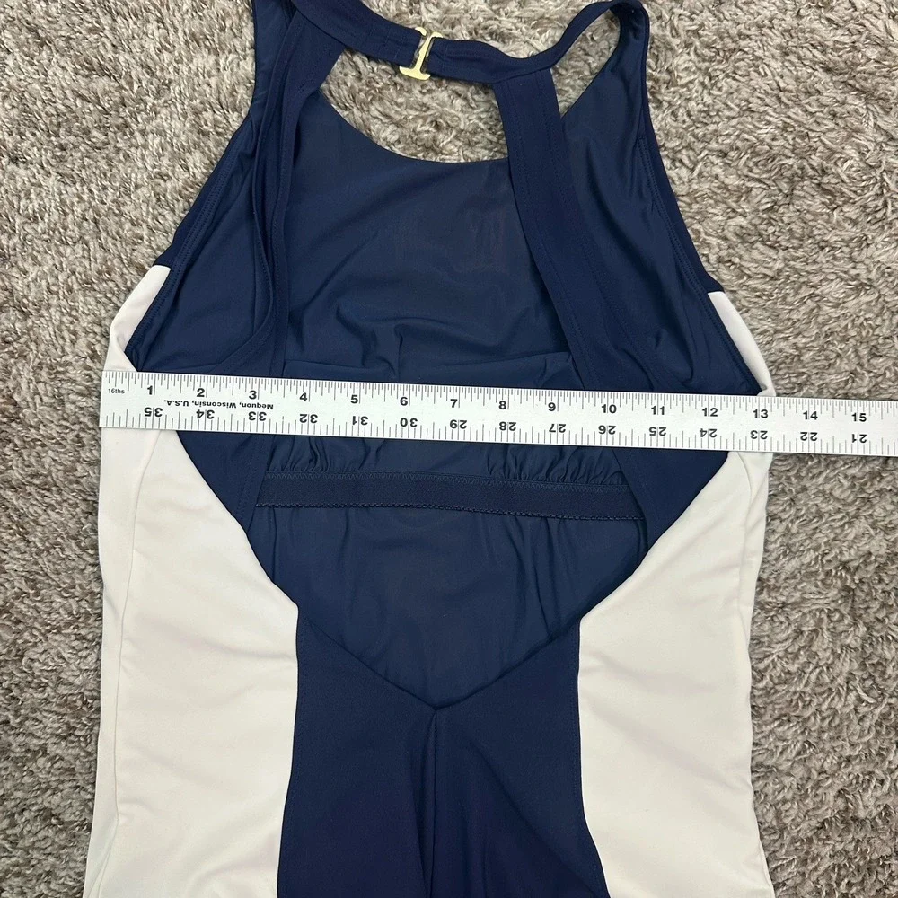 Tory Burch Sport One‎ Piece Swimsuit Size Medium Crew Neck Navy Blue White